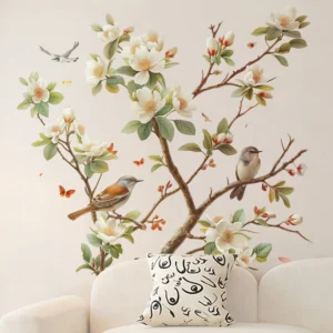 Flower Bird Wall Sticker Bird Perched On White Magnolia Flower PVC  Waterproof Self-Adhesive Art Decal Decoration