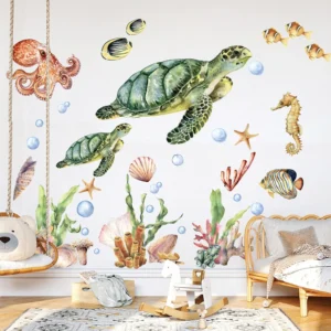Watercolor Turtle Octopus Wall Sticker Nursery Kids Room Sea World Ocean Coral Sea Horse Wall Decal Bedroom Living Room Decor