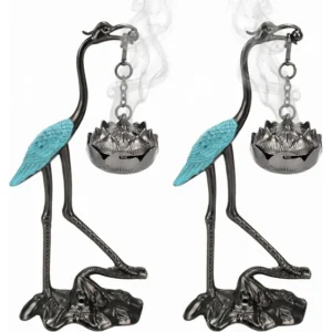 2Pcs Crane Incense Holder, Vintage Hanging Incense Burner with Lid Ash Catcher for Cone & Coil Incense – Aromatherapy Ornament for Home Office Decor (Copper+Blue)