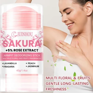 JUINHOU Sakura Deodorant Stick Natural Floral Fruit Scent Control Underarm Odor Removal Portable For Daily Travel Dating Workout
