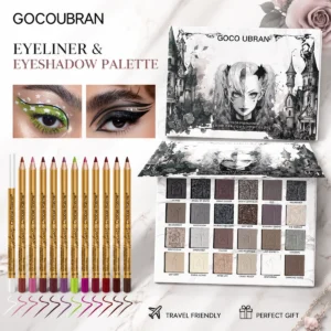 24 Colors Gothic Eyeshadow Palette with 12Pcs Colored Eyeliner Pencils, Dark Cool Tone Matte Shimmer Gray Black Smoky Eye Shadow Makeup Kit, Long Lasting Waterproof Color Eyeliner Set, Halloween Goth Makeup Gift Set for Women