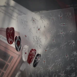 Dark Spider 5D Nail Art Stickers Silver Red Metal Spider Cobweb Asterisk Burst Star Rhinestones Halloween Self Adhesive Decal