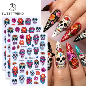 3pcs 3D Mexican Sugar Skull Floral Nail Stickers Colorful Skeleton Flower Adhesive Decals Halloween Gothic DIY Manicure Supplies