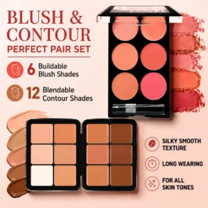 6 Color Blush Palette & 12 Shades Cream Contour Palette All-in-One Face Makeup Set, Matte Blush Powder Cream Bronzer Highlighter Contour Kit, Long Lasting Blendable Face Cheek Sculpting Makeup Palette for Women
