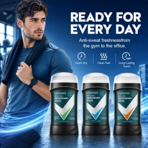 LGRAMER Men Solid Deodorant Stick 48‑Hour Long Lasting Fragrance Anti Sweat Body Odor Control Portable Underarm Care for Male