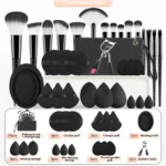 33Pcs All In One Makeup Tools Set 15 Brushes Beauty Sponges Powder Puff Eyelash Curler With Storage Bag For Full Face Makeup