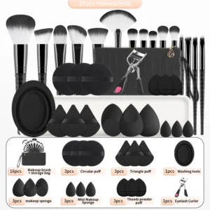 33Pcs All In One Makeup Tools Set 15 Brushes Beauty Sponges Powder Puff Eyelash Curler With Storage Bag For Full Face Makeup